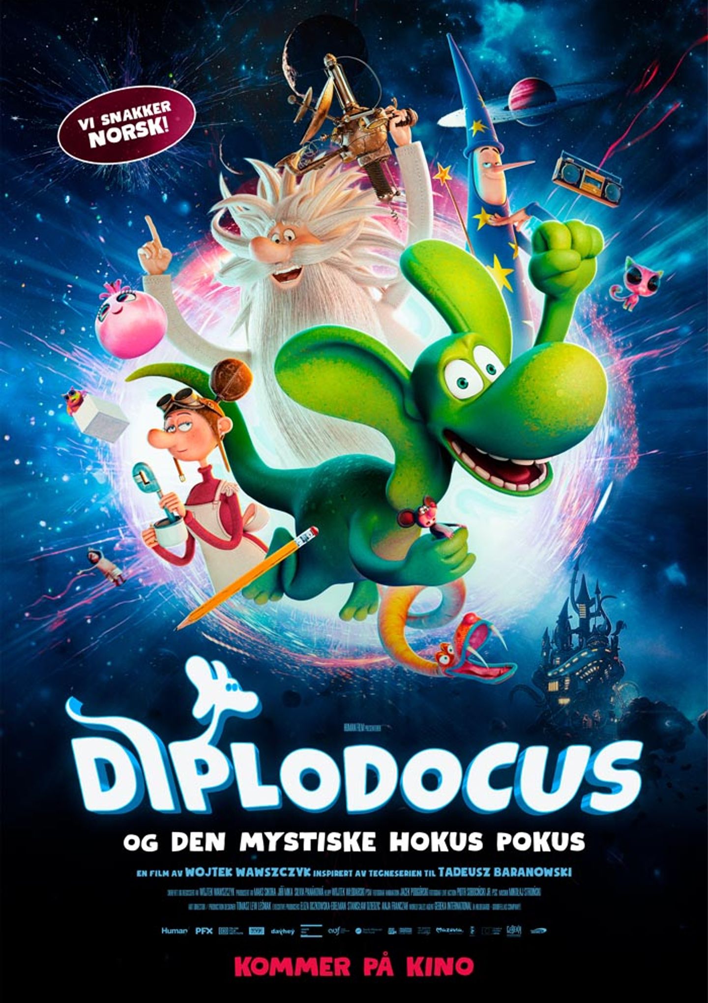 Plakat for 'Diplodocus og den mystiske hokus pokus'