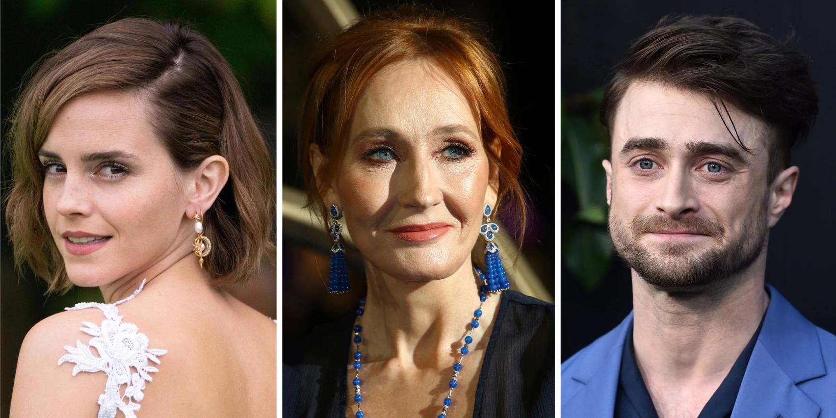 Sammenstilling av tre bilder; Emma Watson, J.K. Rowling og Daniel Radcliffe.