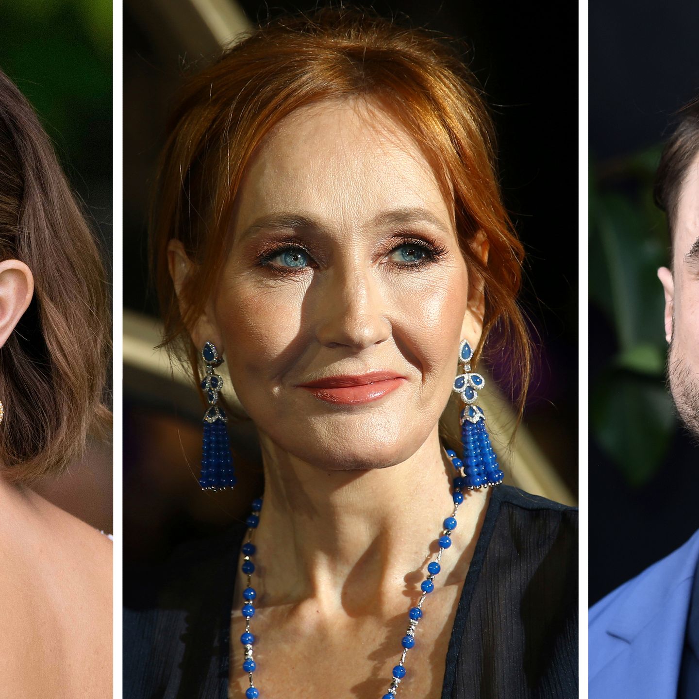 Sammenstilling av tre bilder; Emma Watson, J.K. Rowling og Daniel Radcliffe.