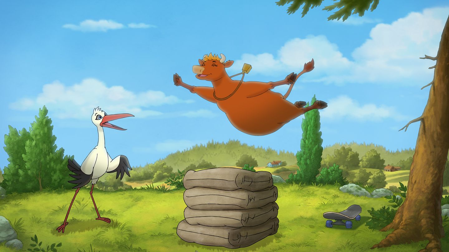 a cartoon of a bird and a hammock in a grassy field