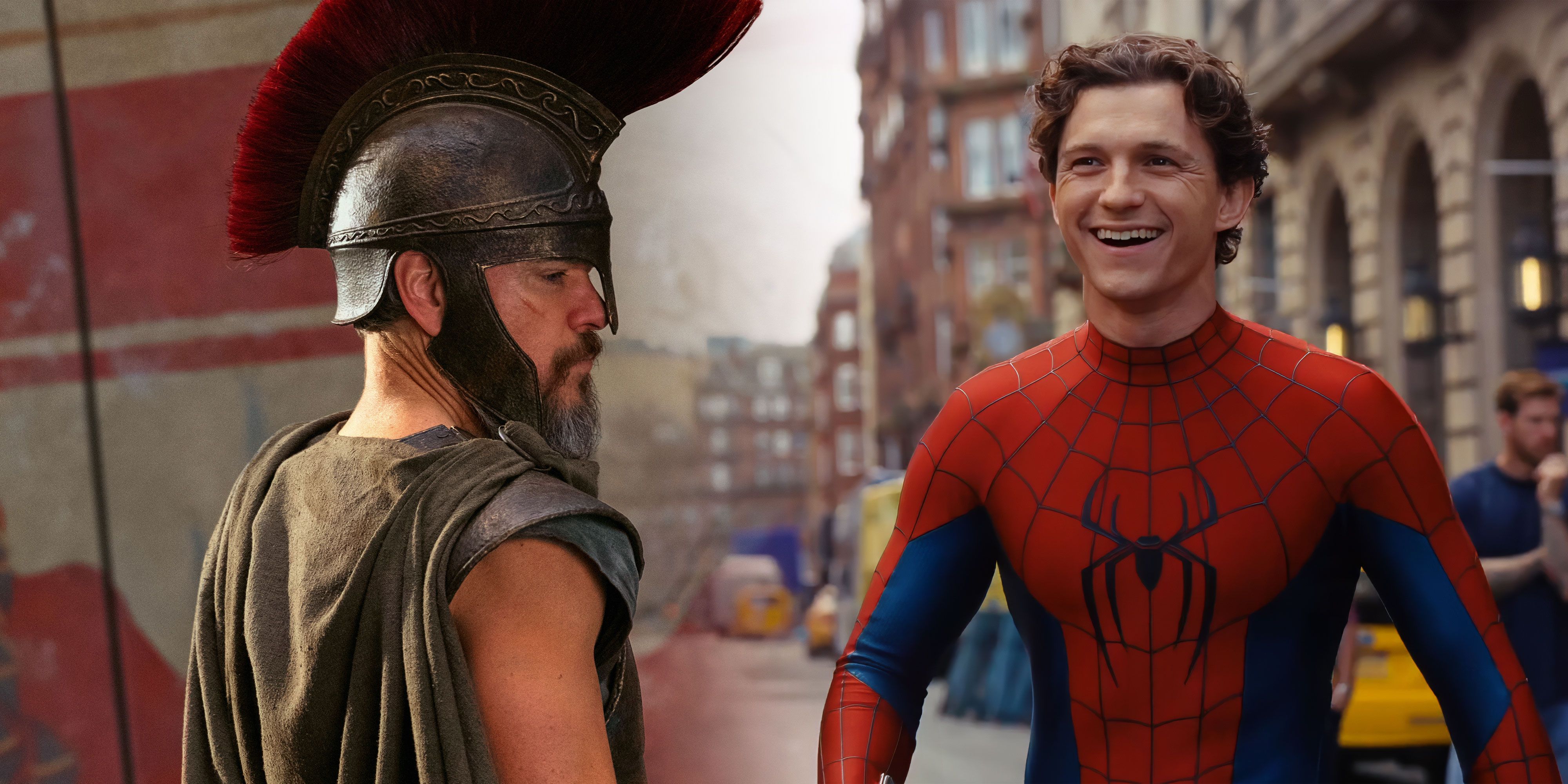 Bildemontasje: Matt Damon i The Odyssey og Tom Holland på settet til Spider-Man: Brand New Day