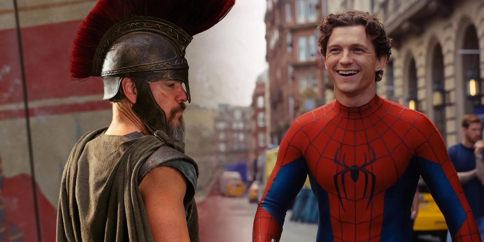 Bildemontasje: Matt Damon i The Odyssey og Tom Holland på settet til Spider-Man: Brand New Day