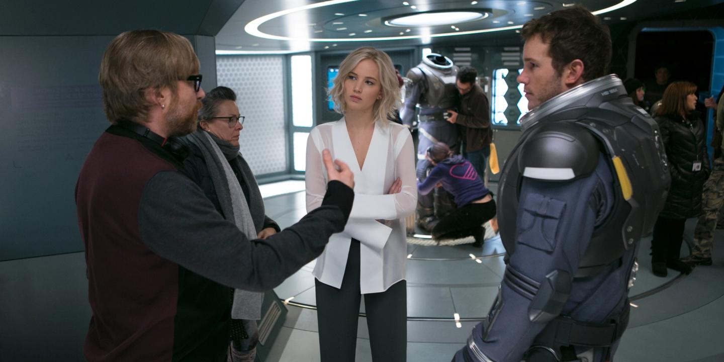 Regissør Morten Tyldum, Jennifer Lawrence og Chris Pratt i Passengers
