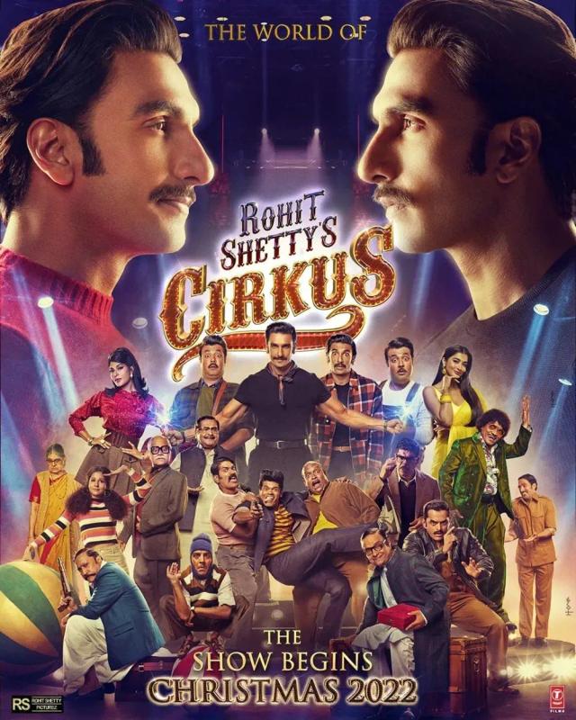 a person with a mustache and Ranveer Singh, Ranveer Singh, Johnny Lever, Pooja Hegde, Mukesh Tiwari, Siddharth Jadhav et al. around him