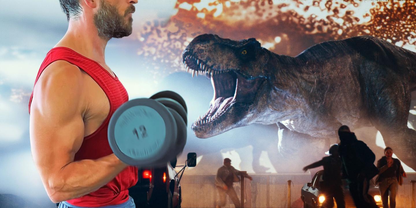 Bildemontasje: Overkroppen til Jonathan Bailey i hardtrening og en tyrannosaurus rex fra Jurassic World: Dominion