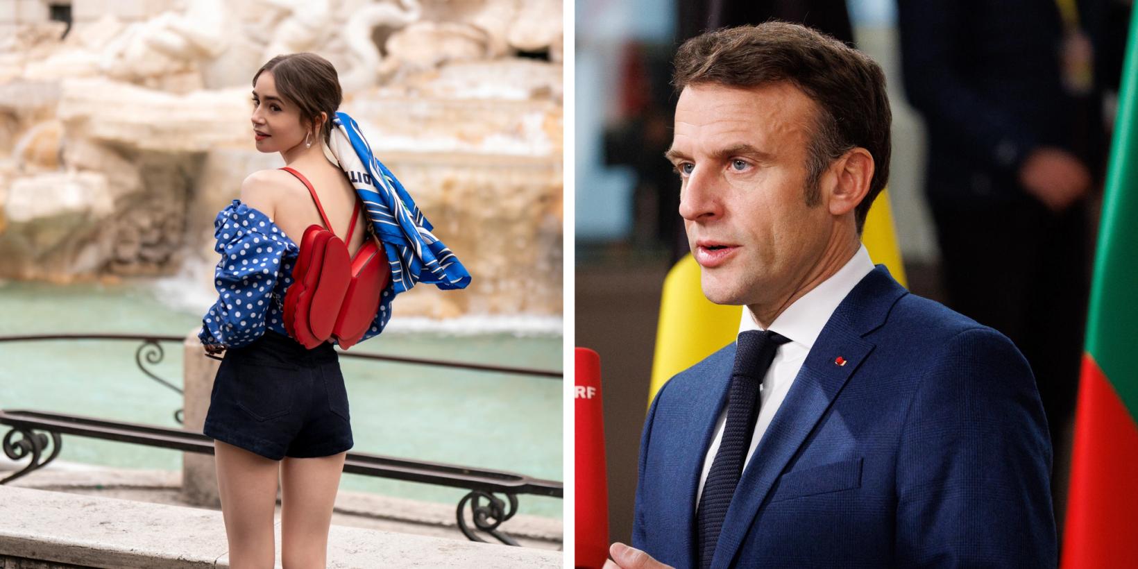 Lily Collins foran Trevifontenen i Emily in Paris/Emmanuel Macron i desember 2022