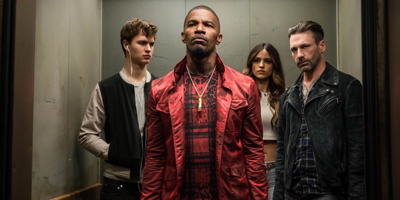 Ansel Elgort, Jamie Foxx, Eliza Gonzalez og Jon Hamm i Baby Driver