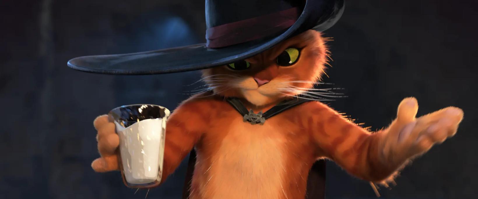 a cat wearing a hat and holding a cup