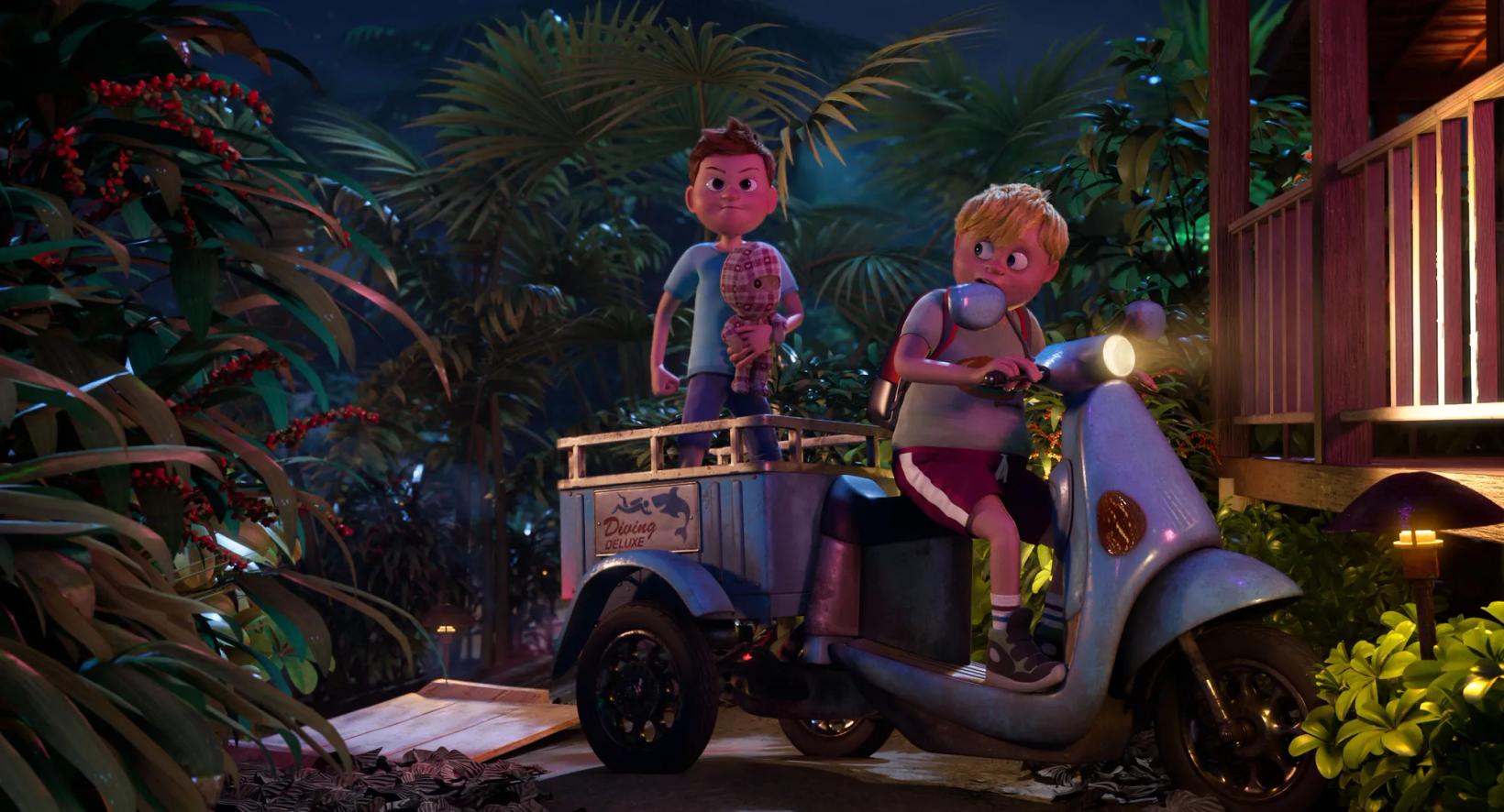 a couple of kids on a toy car in a garden