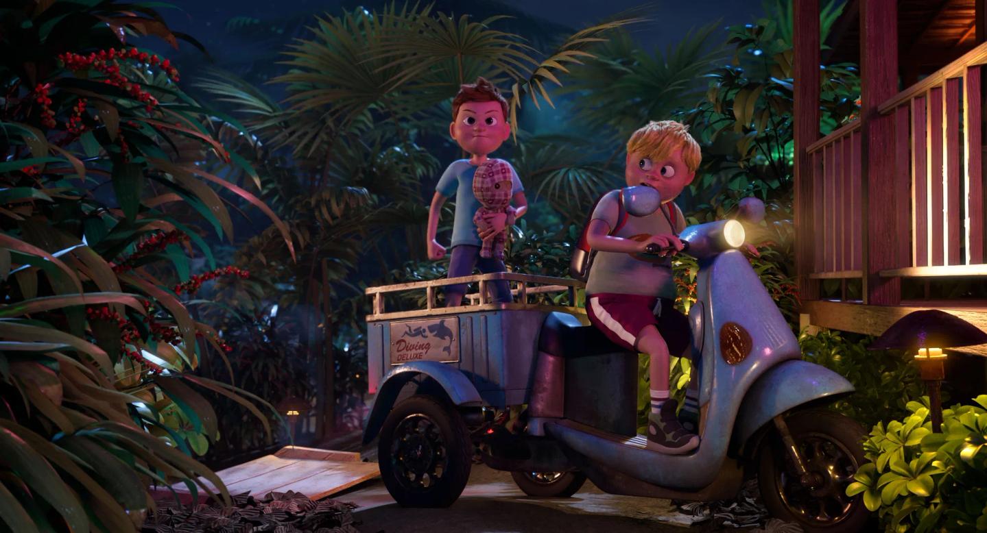 a couple of kids on a toy car in a garden