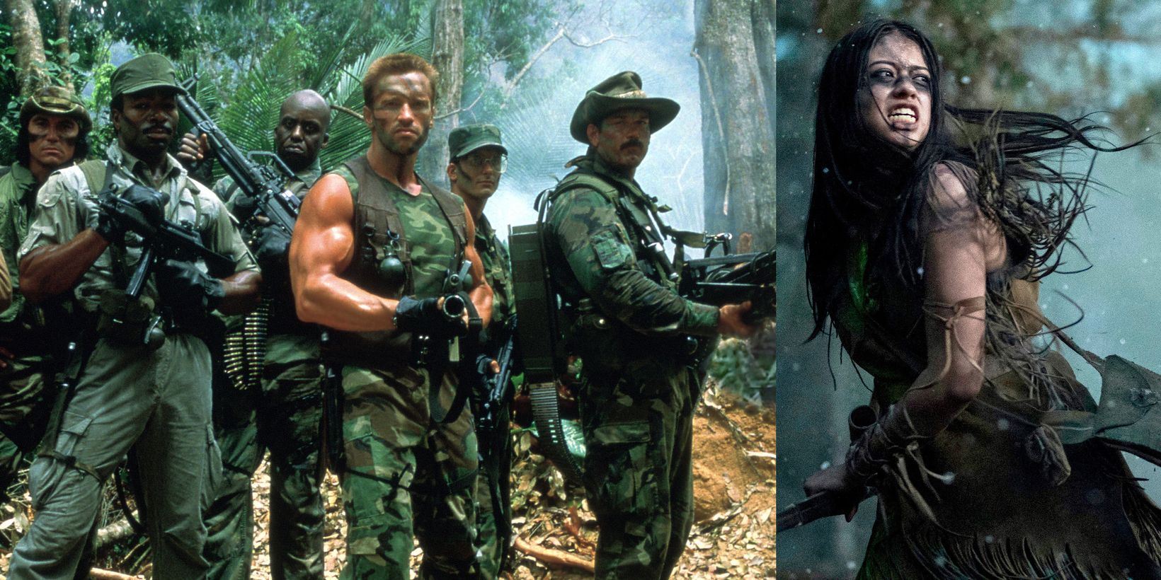 Skuespillerne fra Predator (1987) og Amber Midthunder i Prey (2022)