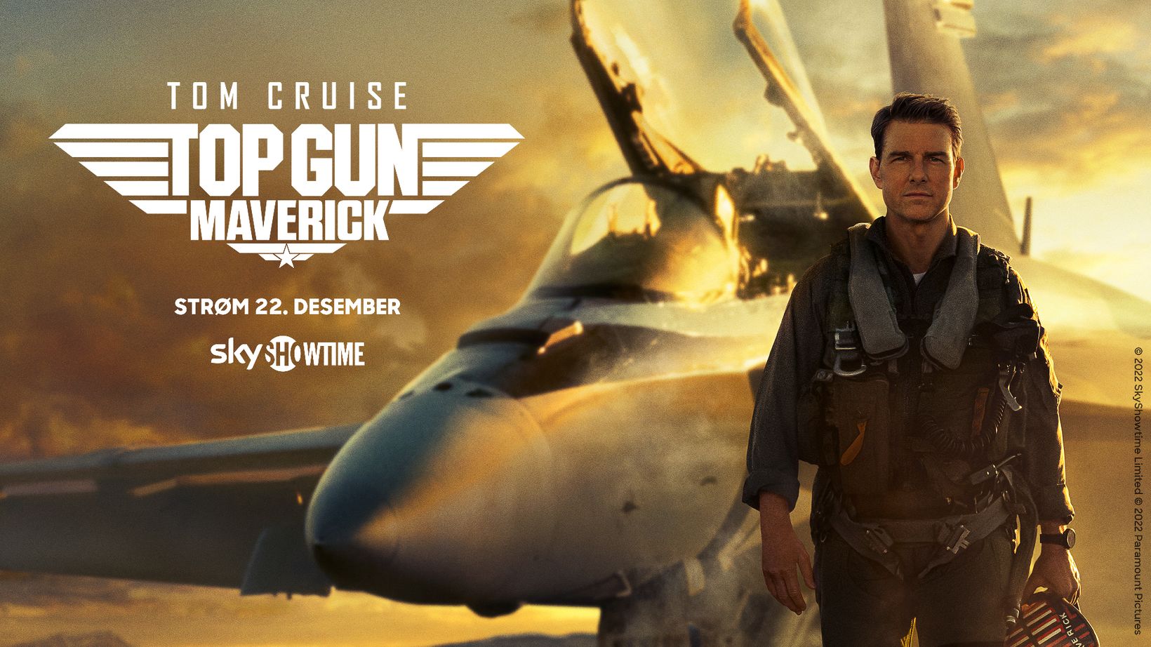 Top Gun: Maverick med SkyShowtime-logo og legal line