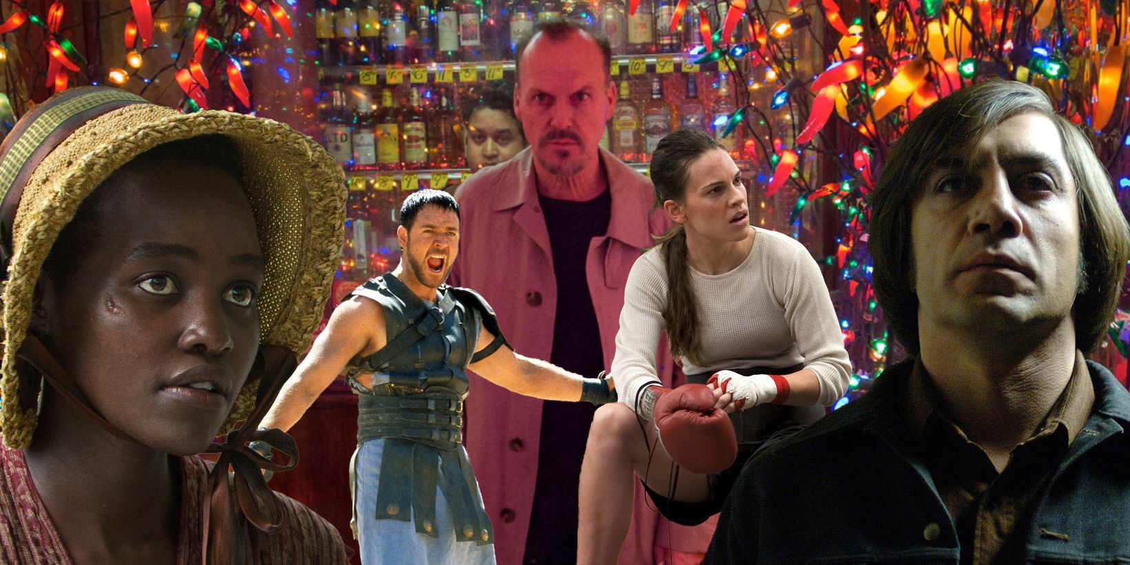 Lupita Nyong'o i 12 Years a Slave, Russell Crowe i Gladiator, Michael Keaton i Birdman, Hilary Swank i Million Dollar Baby og Javier Bardem i No Country for Old Men