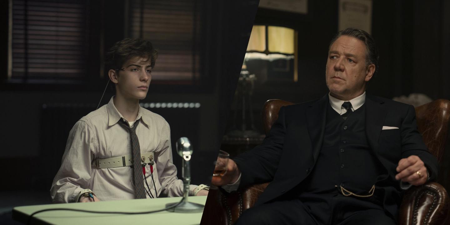 Bildemontasje: Jacob Tremblay og Russell Crowe i Unabomber