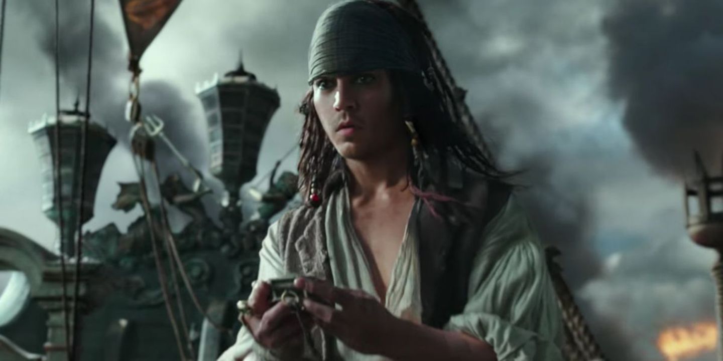 Johnny Depp som en ung Jack Sparrow i Pirates of the Caribbean: Salazar's Revenge