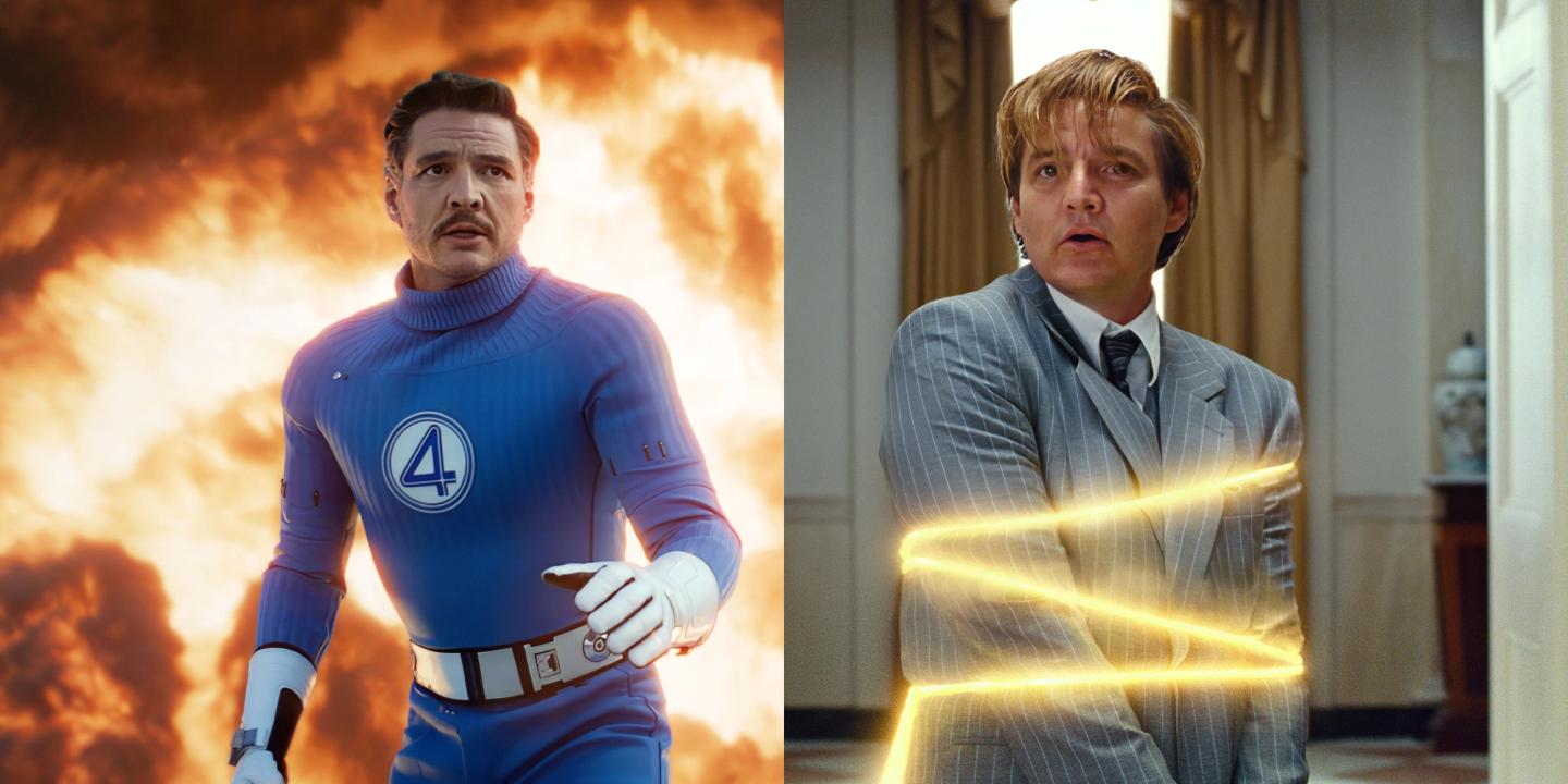 Bildemontasje: Pedro Pascal i Fantastic 4: First Steps og i Wonder Woman 1984