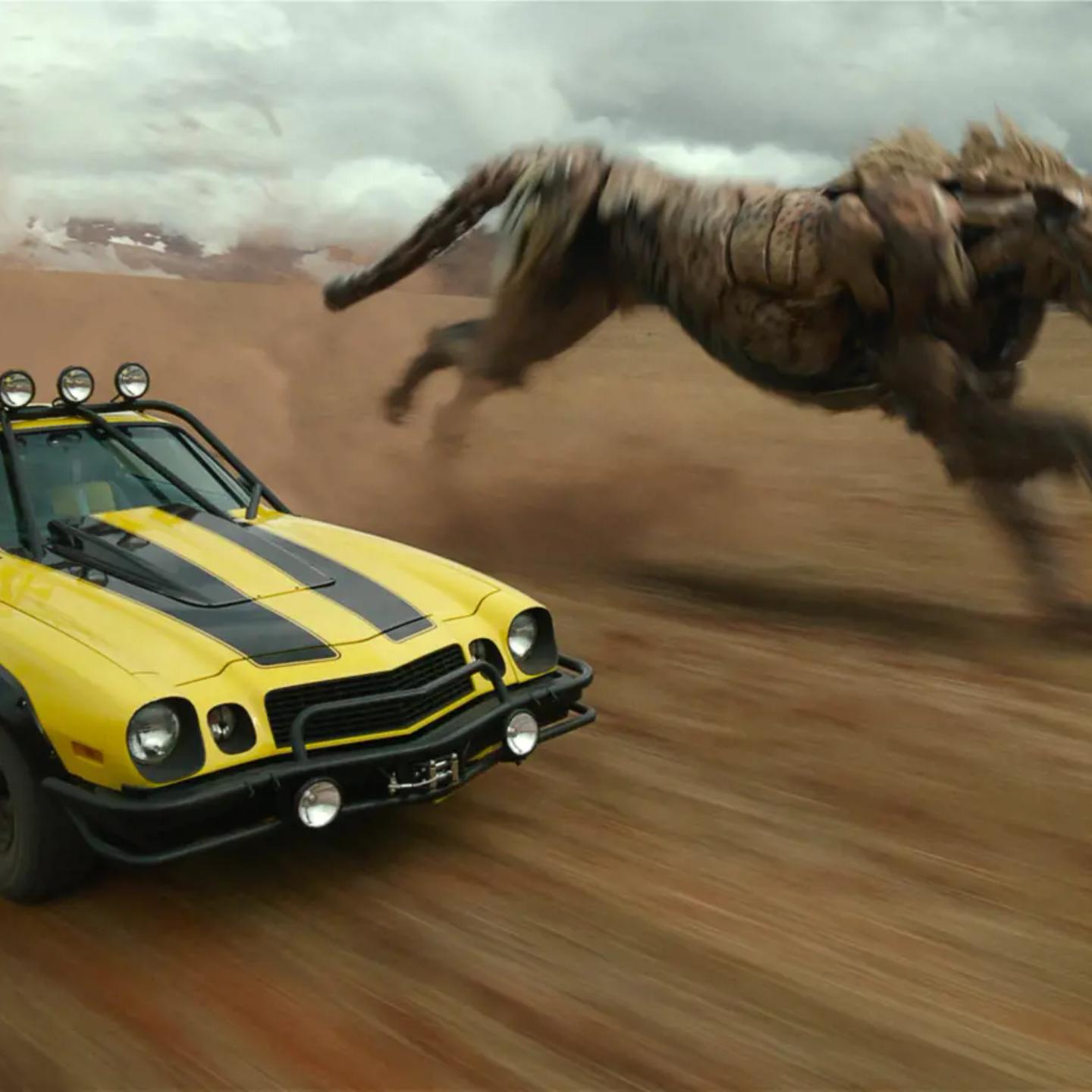 a horse jumping over a yellow car