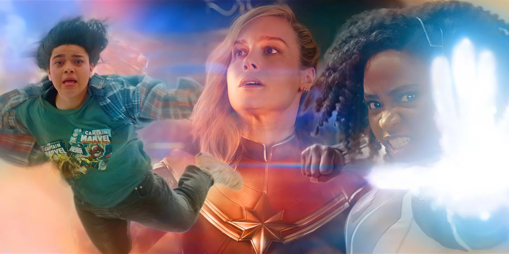 Iman Vellani, Brie Larson og Teyonah Parris i The Marvels