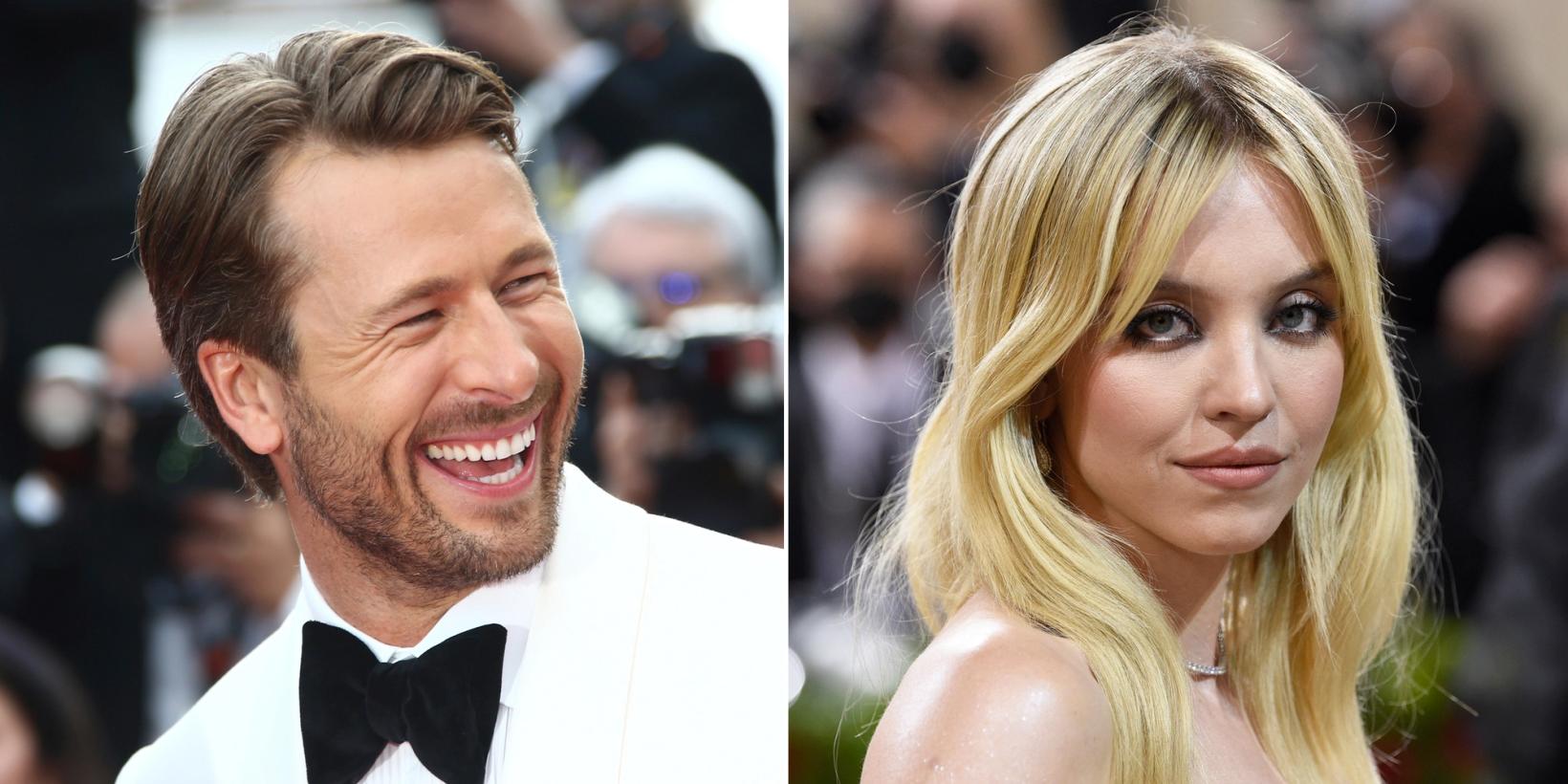 To sidestilte bilder av Glen Powell og Sydney Sweeney med ansiktsfokus