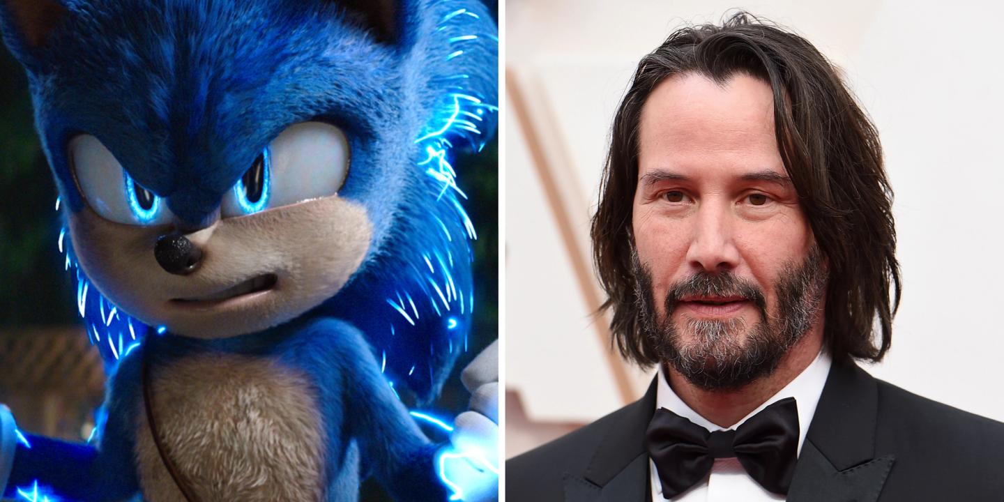Sammenstilling av to bilder; Sonic the Hedgehog 2 og Keanu Reeves