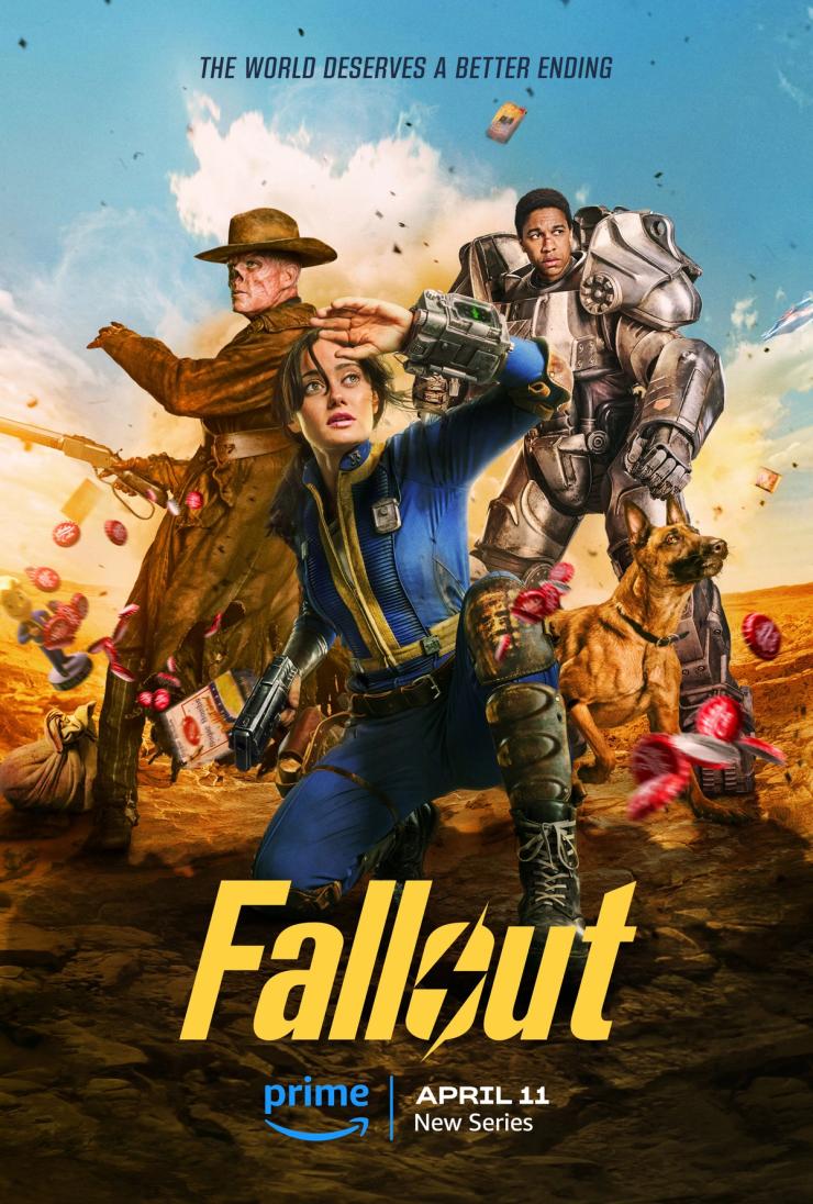 Plakat til Fallout-serien. Walton Goggins i rollen som "The Ghoul" har et mutert rødt ansikt, Aaron Moten har på seg power armor og Ella Purnell sitter i sentrum, og skjermer ansiktet for noe. En eksplosjon går av bak dem. Tekst: "The World Deserves a Better Ending", "Fallout", "April 11", "New Series"