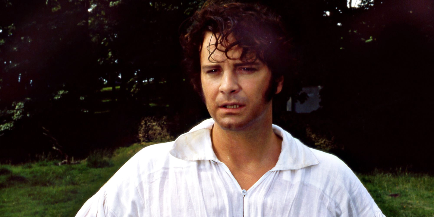 Colin Firths karakter Mr. Darcy iført den ikoniske hvite skjorta i Pride and Prejudice.