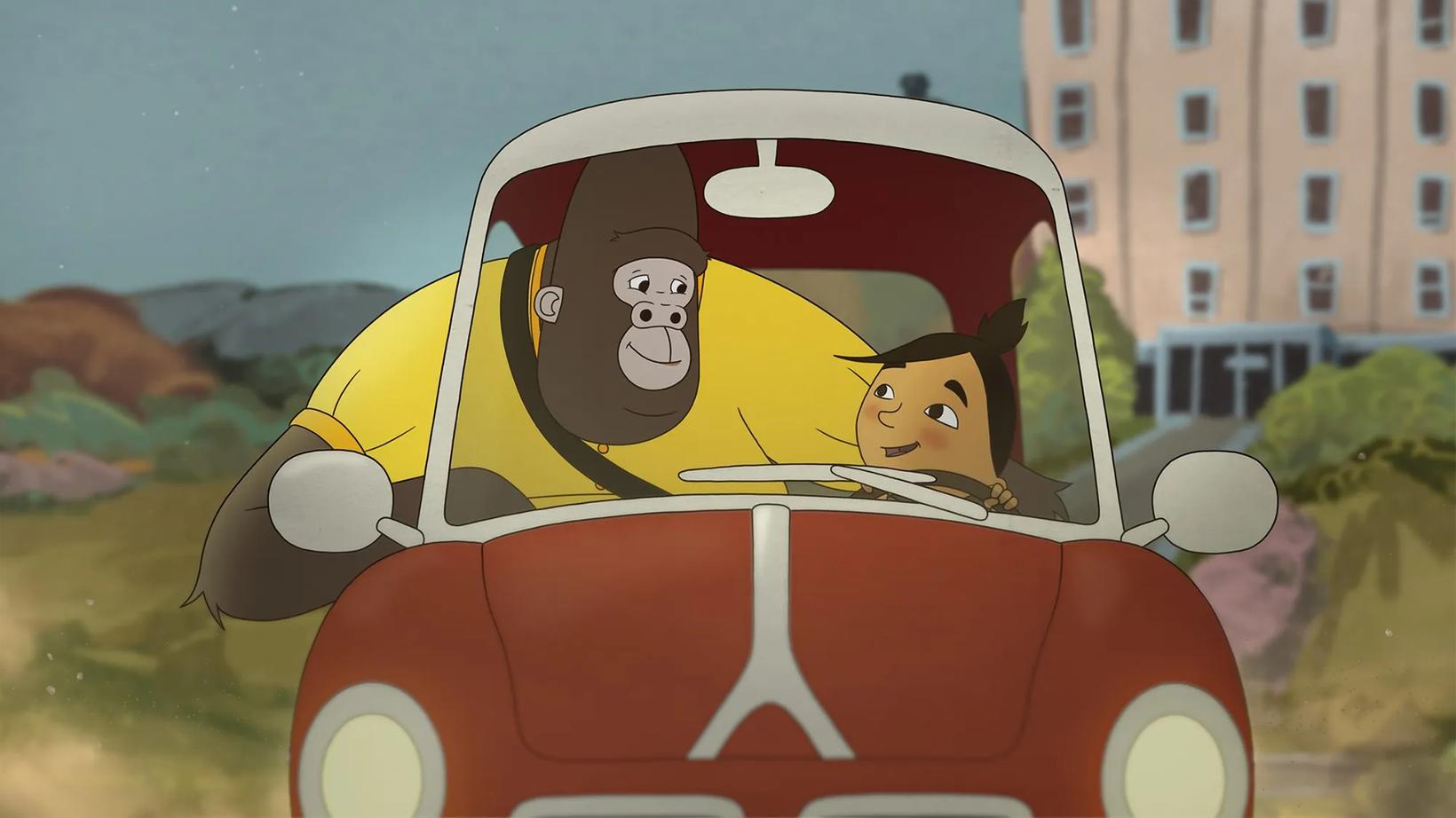 a cartoon of a group of people in a car