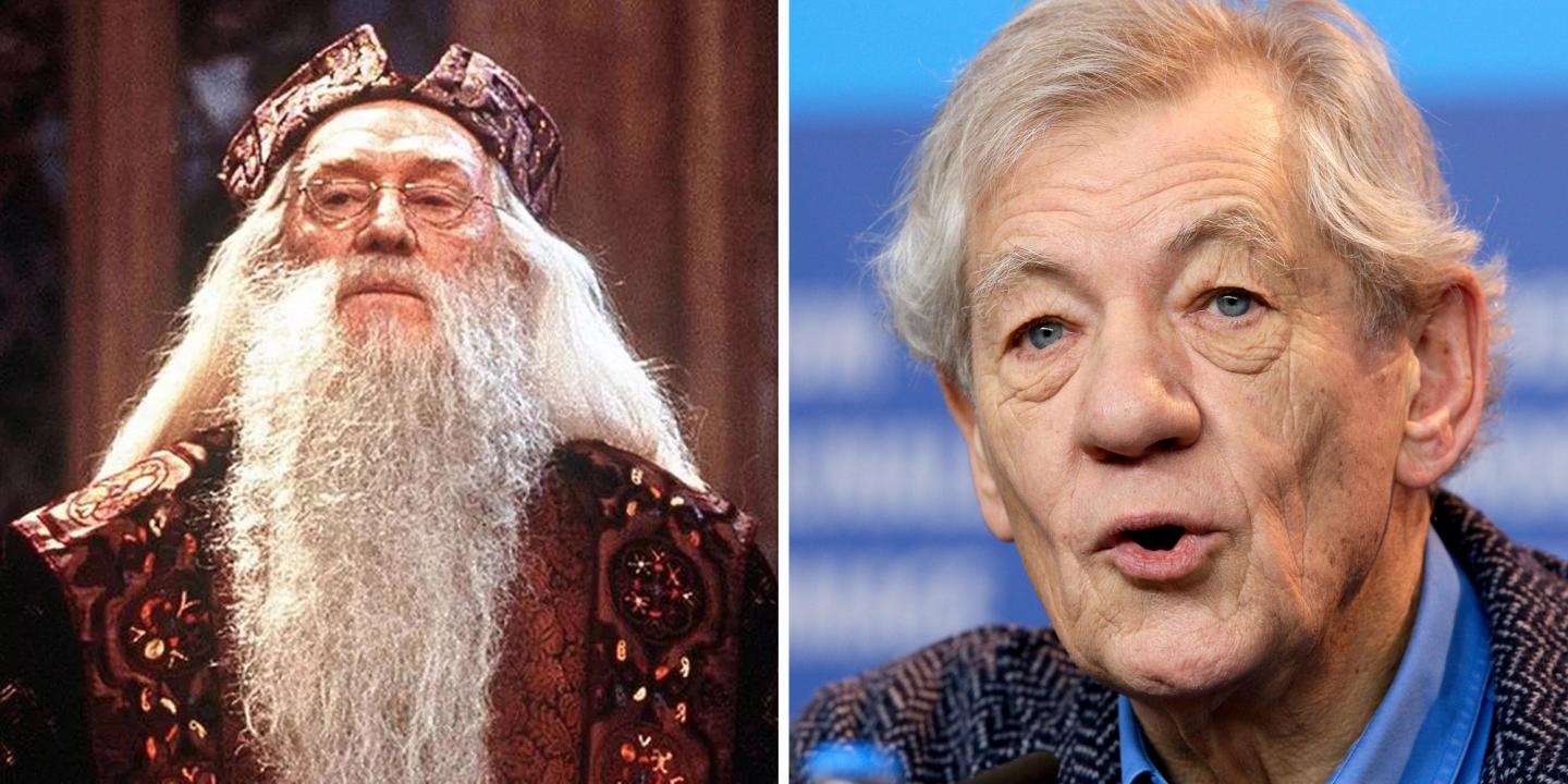 To sidestilte bilder av Richard Harris i Harry Potter og skuespiller Ian McKellen.