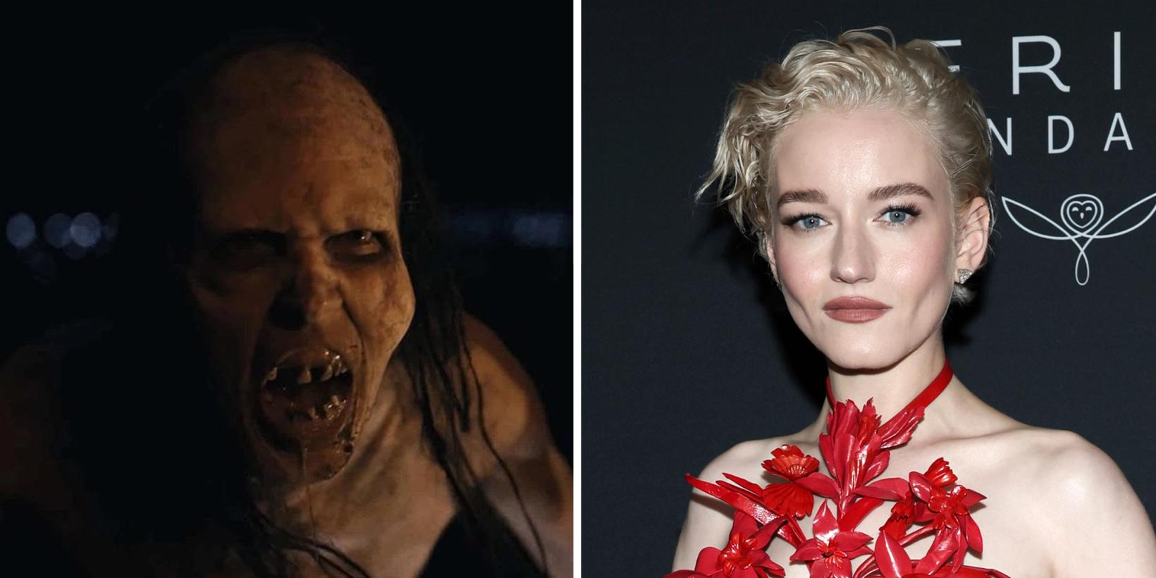 To sidestilte bilder; et fra skrekkfilmen Barbarian og et av Julia Garner på rød løper