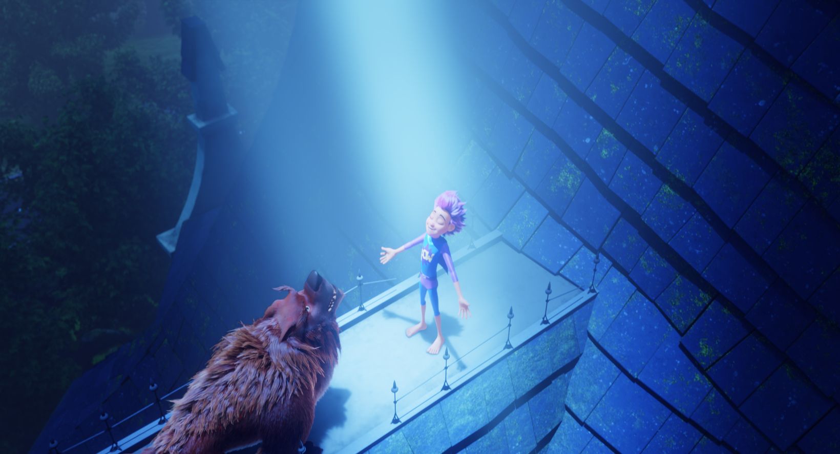 a girl and a cat on a roof