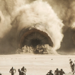 Tre sandormer i Dune: Part Two beveger seg, med munnen åpen, mot en rekke soldater som løper for livet i "Dune: Part Two".