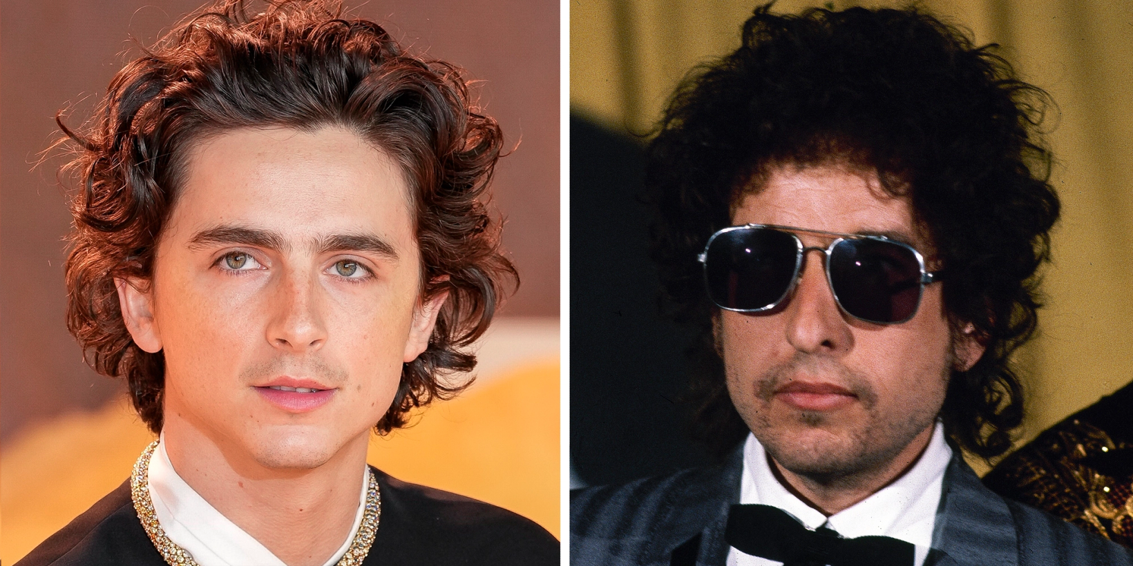 Sidestilte bilder av skuespiller Timothee Chalamet og artist Bob Dylan