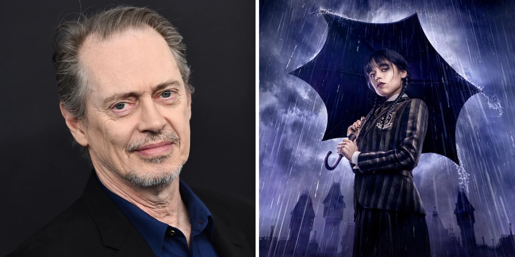 To sammenstilte bilder av Steve Buscemi og Jenna Ortega i Netflix-serien Wednesday