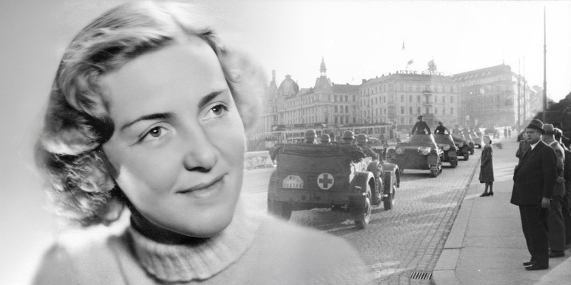 Bildemontasje: Anne Marie Breien, tyske stridsvogner på Drammensveien i mai 1940