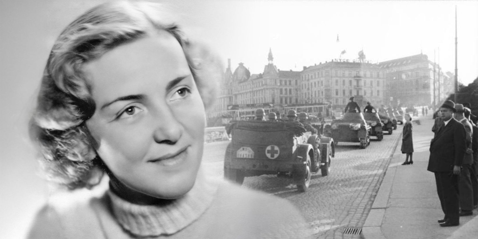 Bildemontasje: Anne Marie Breien, tyske stridsvogner på Drammensveien i mai 1940