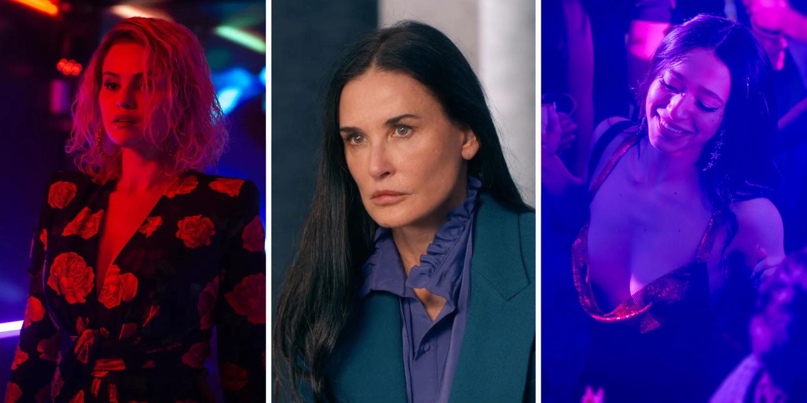 Tre sidestilte bilder fra filmene Emilia Pérez, The Substance og Anora