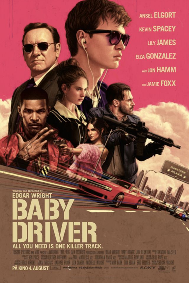 Ansel Elgort, Jamie Foxx, Eliza Gonzalez og Jon Hamm i Baby Driver