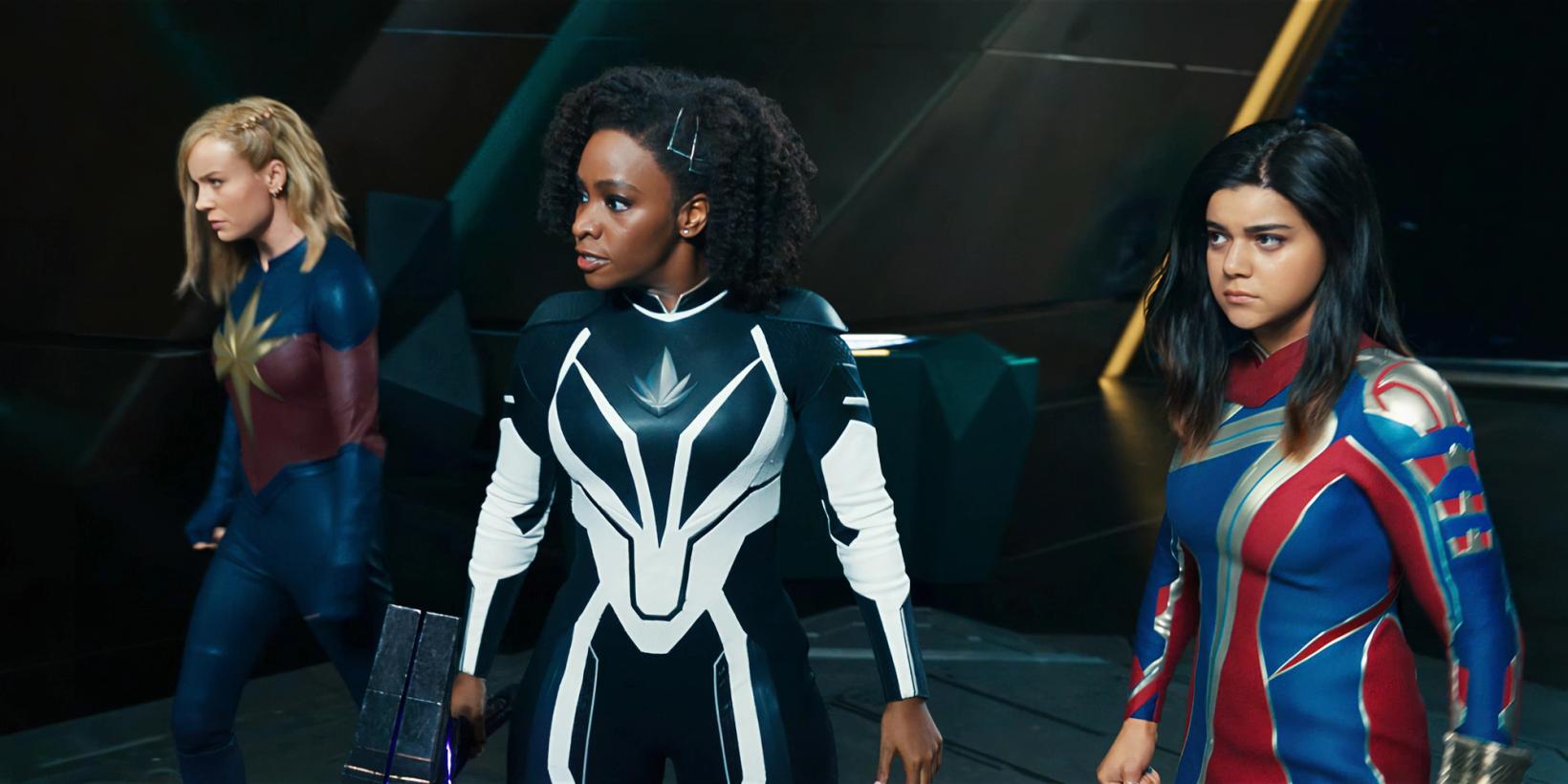 Brie Larson, Teyonah Parris og Iman Vellani i The Marvels