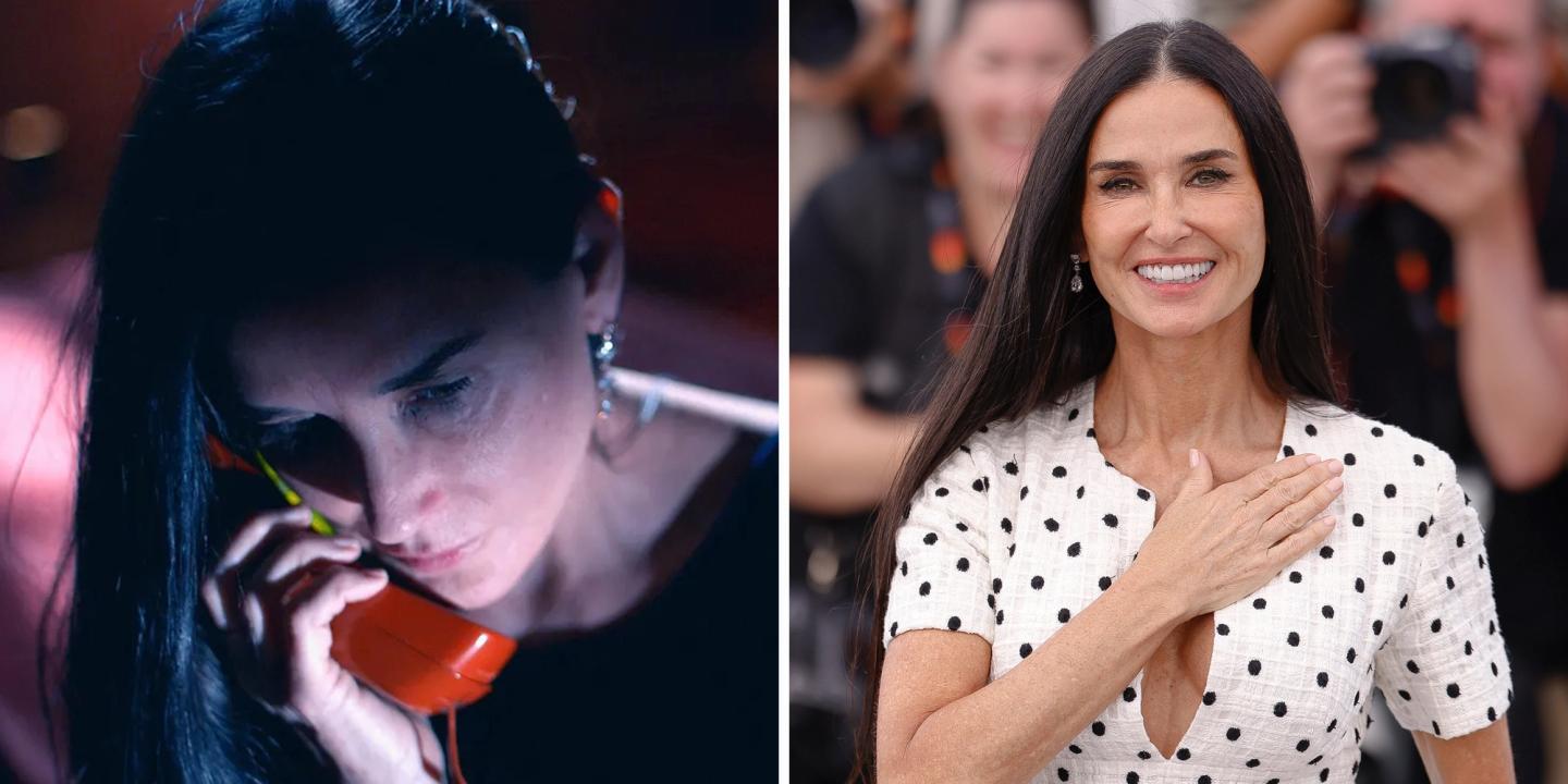 To sidestilte bilder av Demi Moore i filmen "The Substance" og på den røde løperen i Cannes 2024