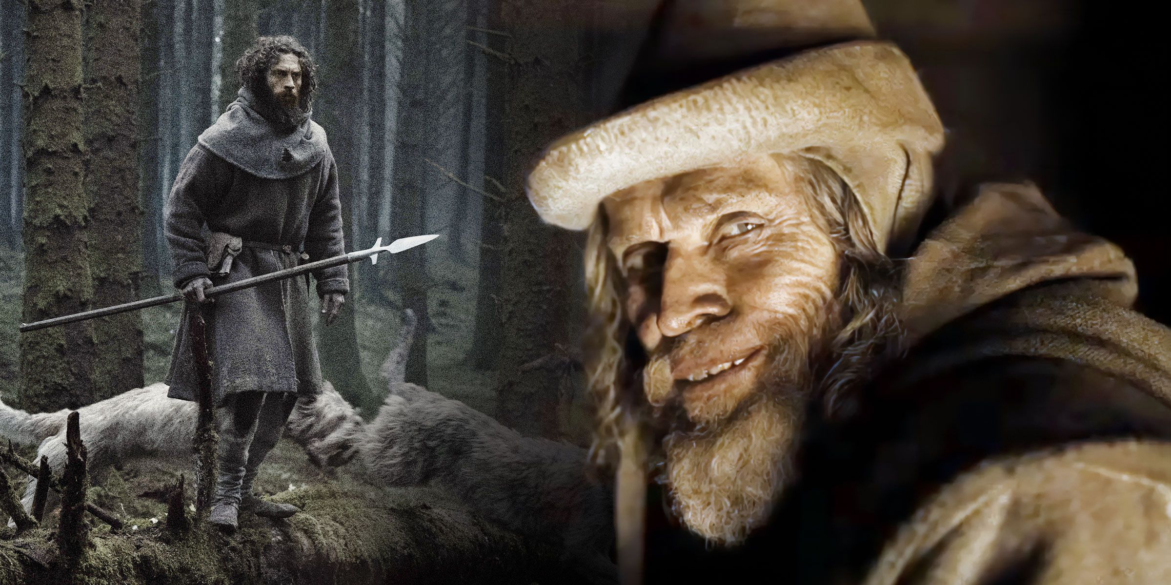 Bildemontasje: Stillbilde av Aaron Taylor Johnson i Werewulf/skjermbilde av Willem Dafoe fra traileren til samme film