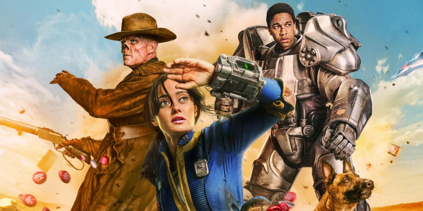 Utsnitt fra plakat til Fallout-serien. Walton Goggins, Aaron Moten og Ella Purnell foran en eksplosjon.