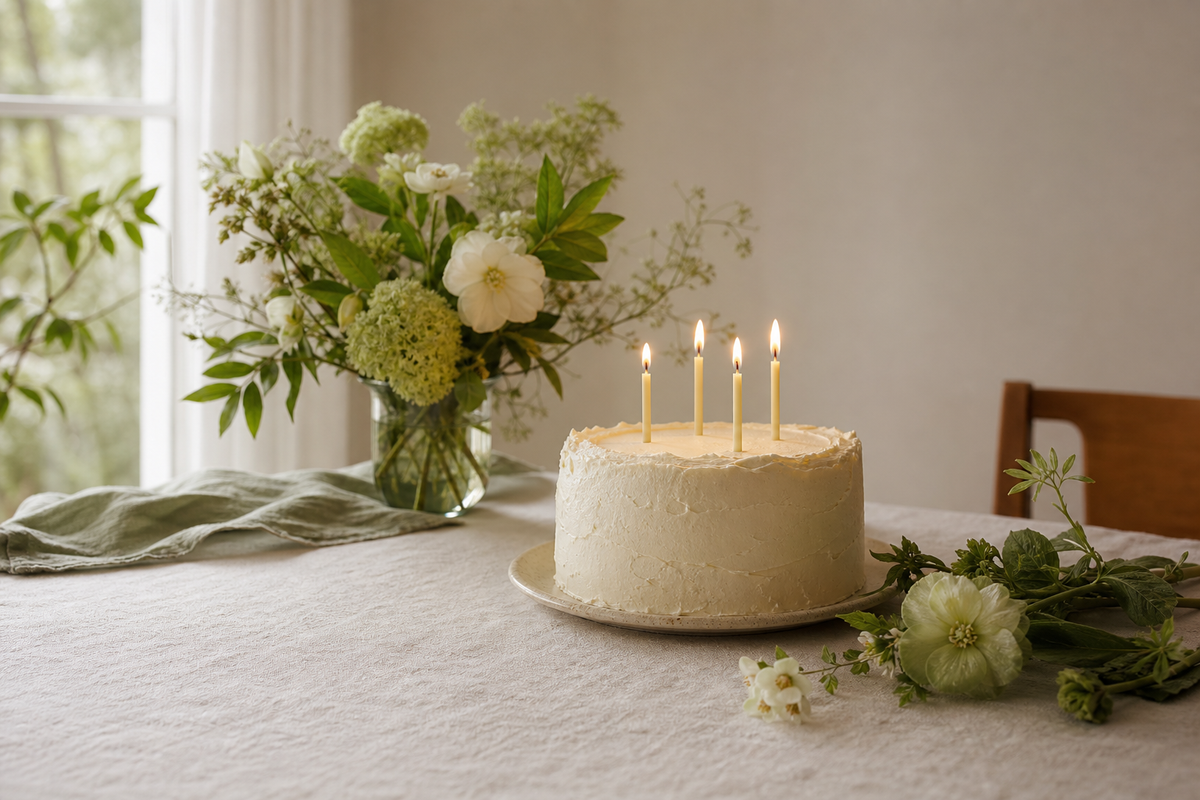 A calm cake with a few softly glowing candles on a linen table with fresh flowers