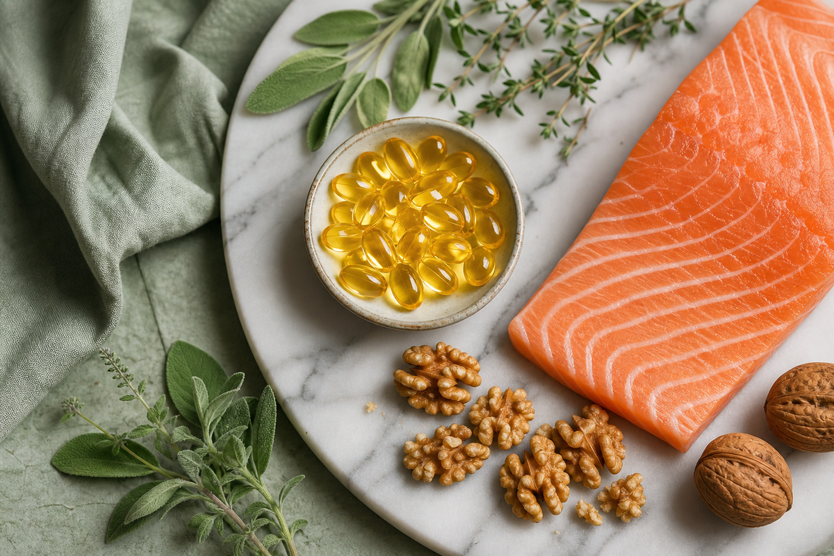 Omega-3 softgels with salmon, walnuts and herbs
