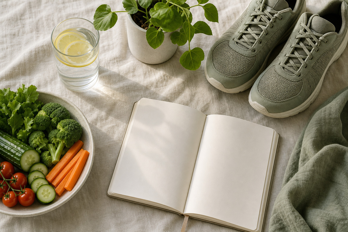 A calm morning flat-lay with water and lemon, walking shoes, fresh vegetables, an open journal and a small plant on linen