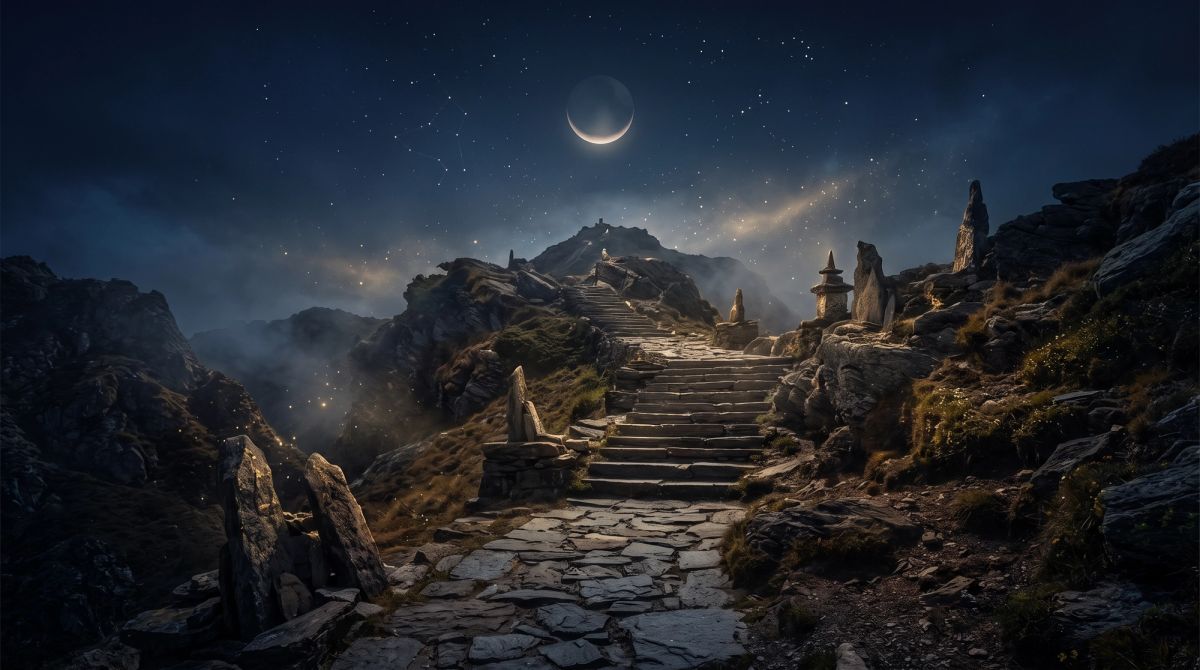A glowing new moon above a mystical mountain path symbolizing the spiritual meaning of the New Moon in Capricorn in January 2027.
