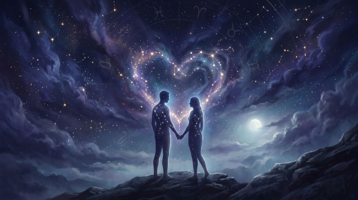 Two celestial silhouettes connected by a glowing constellation, symbolizing the difference between synastry and composite relationship astrology.
