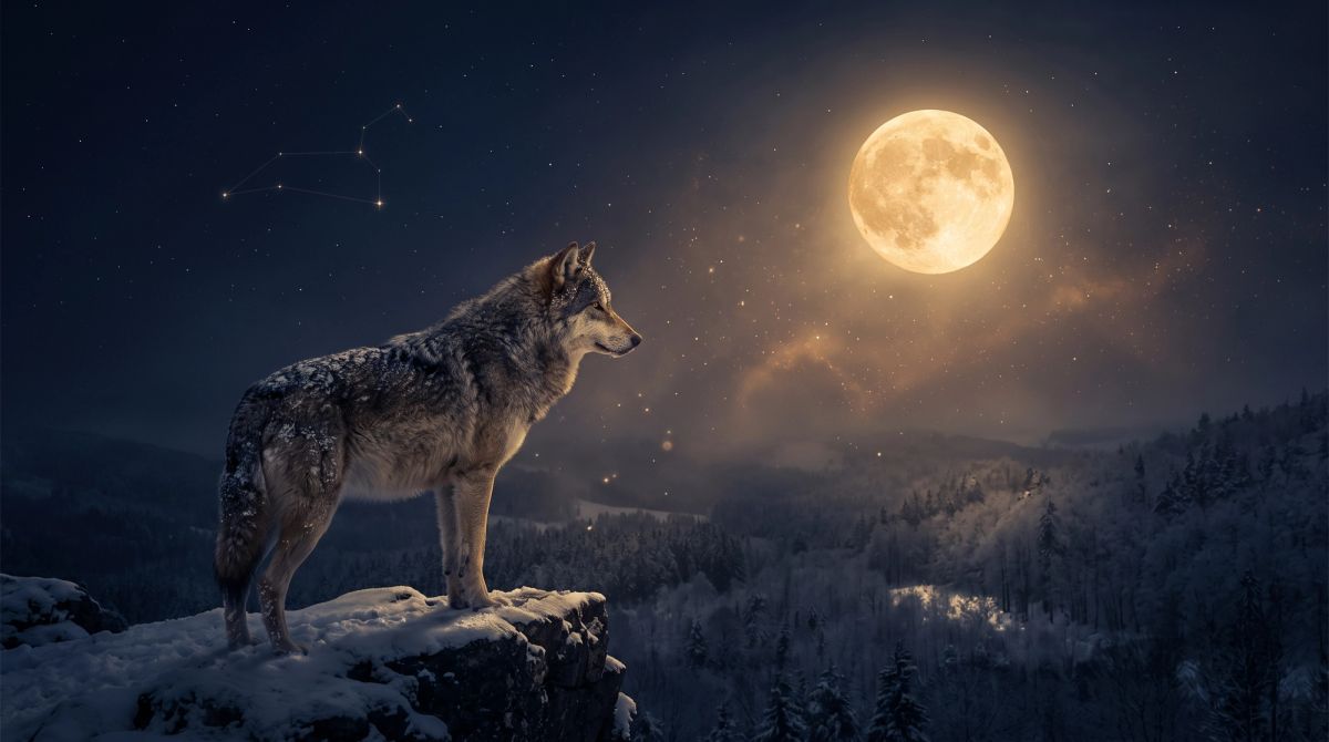 Golden Wolf Moon illuminating a snowy wilderness with a lone wolf beneath the stars.