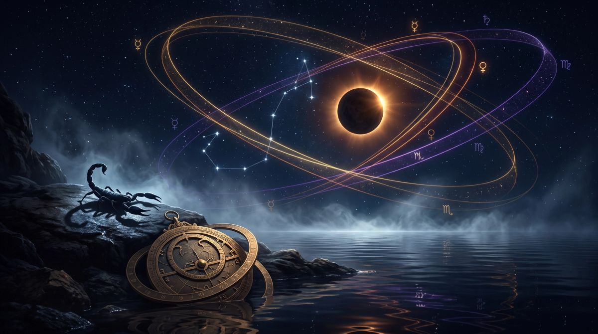 Celestial illustration of Mercury retrograde in Scorpio October 2026 showing intersecting planetary orbits over deep water.