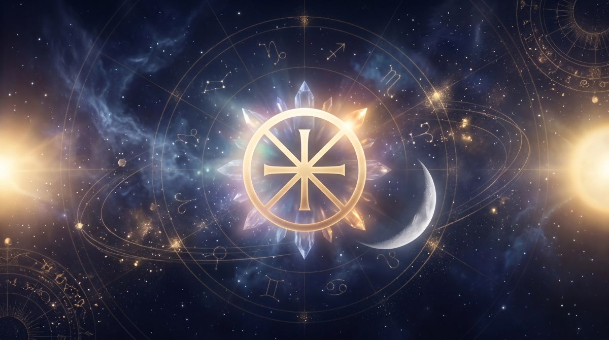 The golden Part of Fortune symbol glowing among celestial stars, representing abundance and spiritual alignment in astrology.