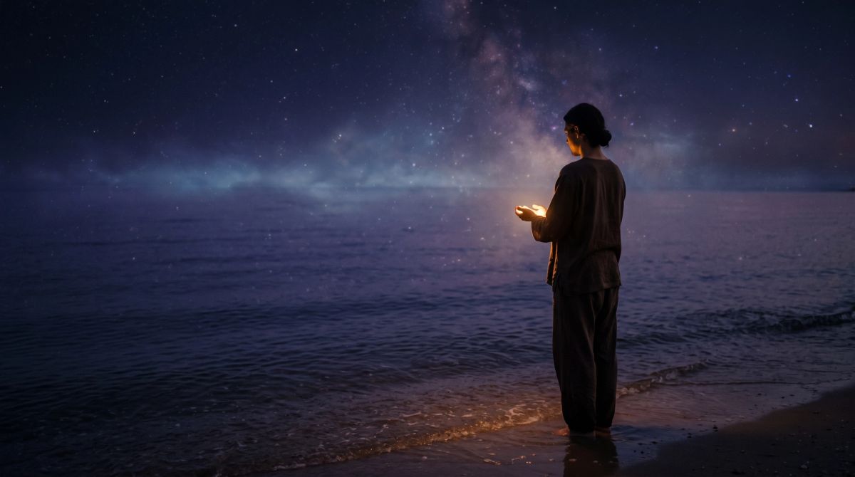 Person standing beside a celestial ocean beneath starlight, symbolizing the spiritual meaning of the 12th house in astrology.